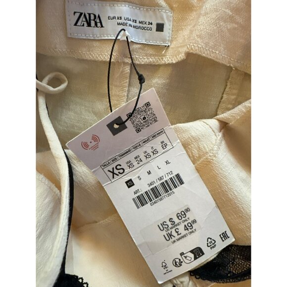 NWT Zara Beige Midi Slip Dress With Black Lace Trim & Double Straps Size XS - Picture 5 of 9